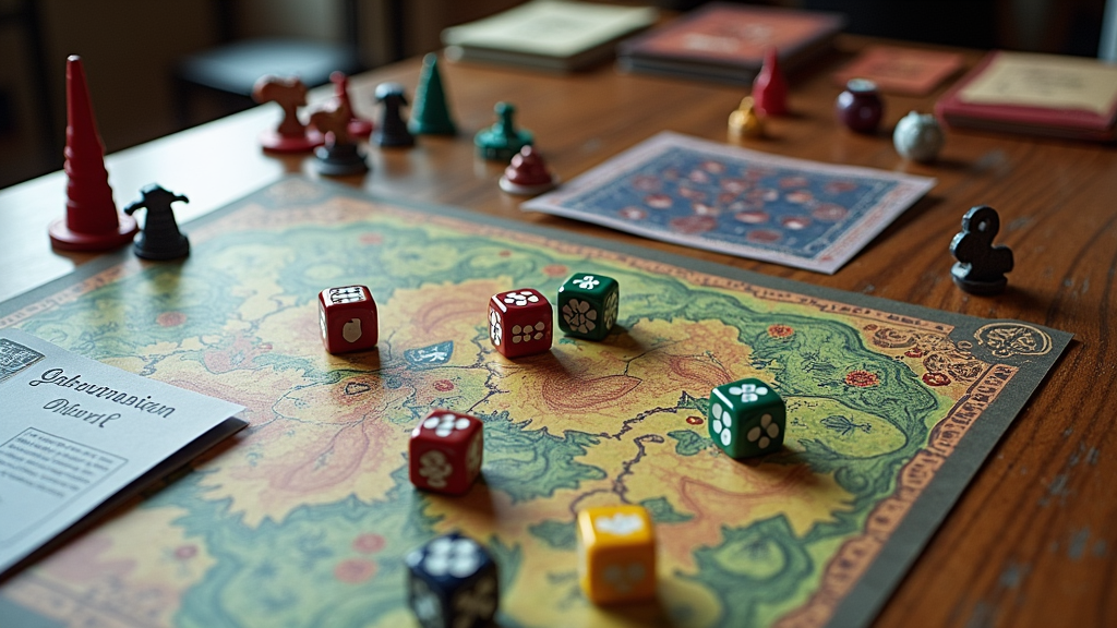 A colorful tabletop RPG setting showing character sheets, dice, game pieces, and fantasy scenery on a wooden table.